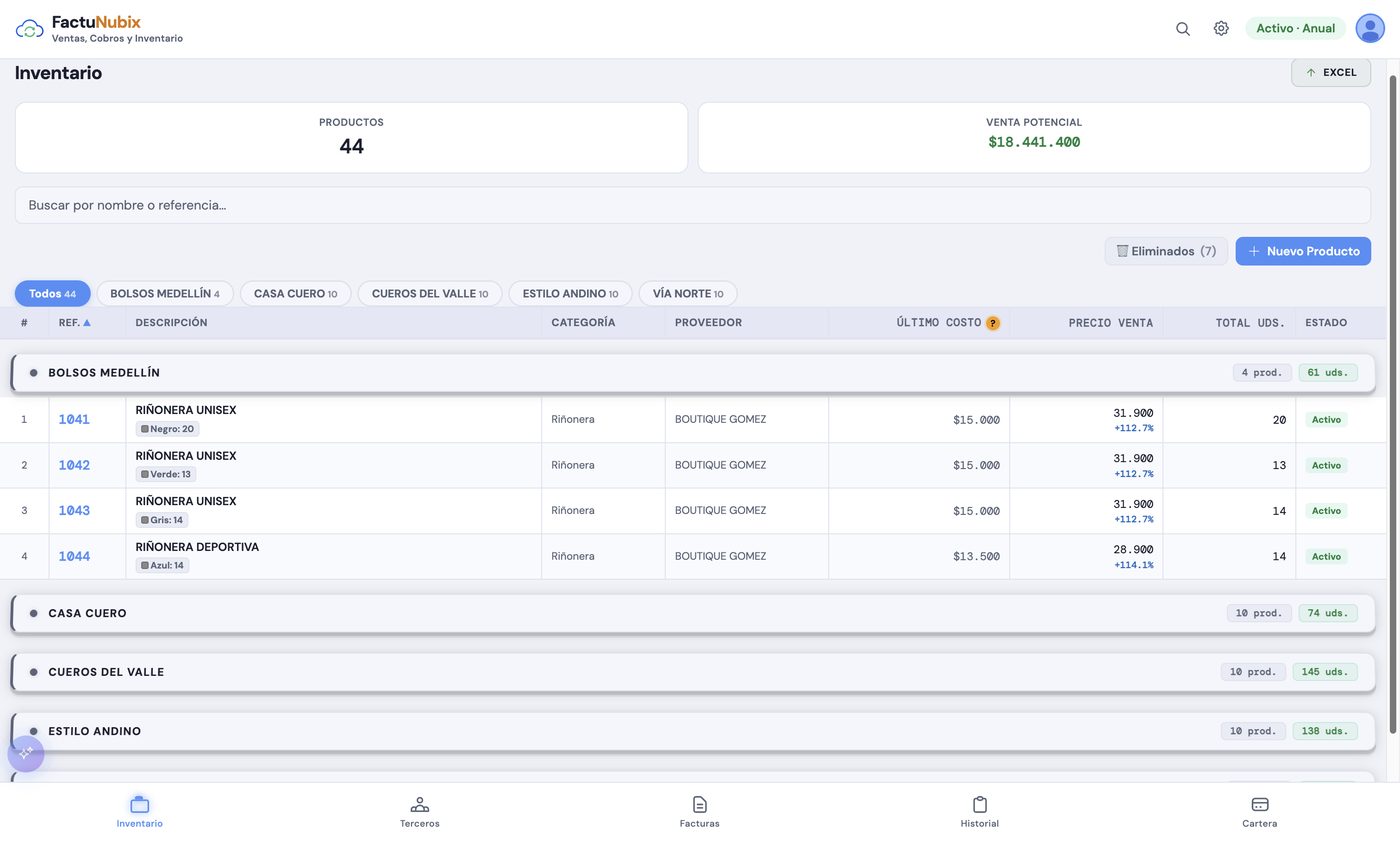 Vista de inventario en FactuNubix con productos agrupados por marca y unidades disponibles